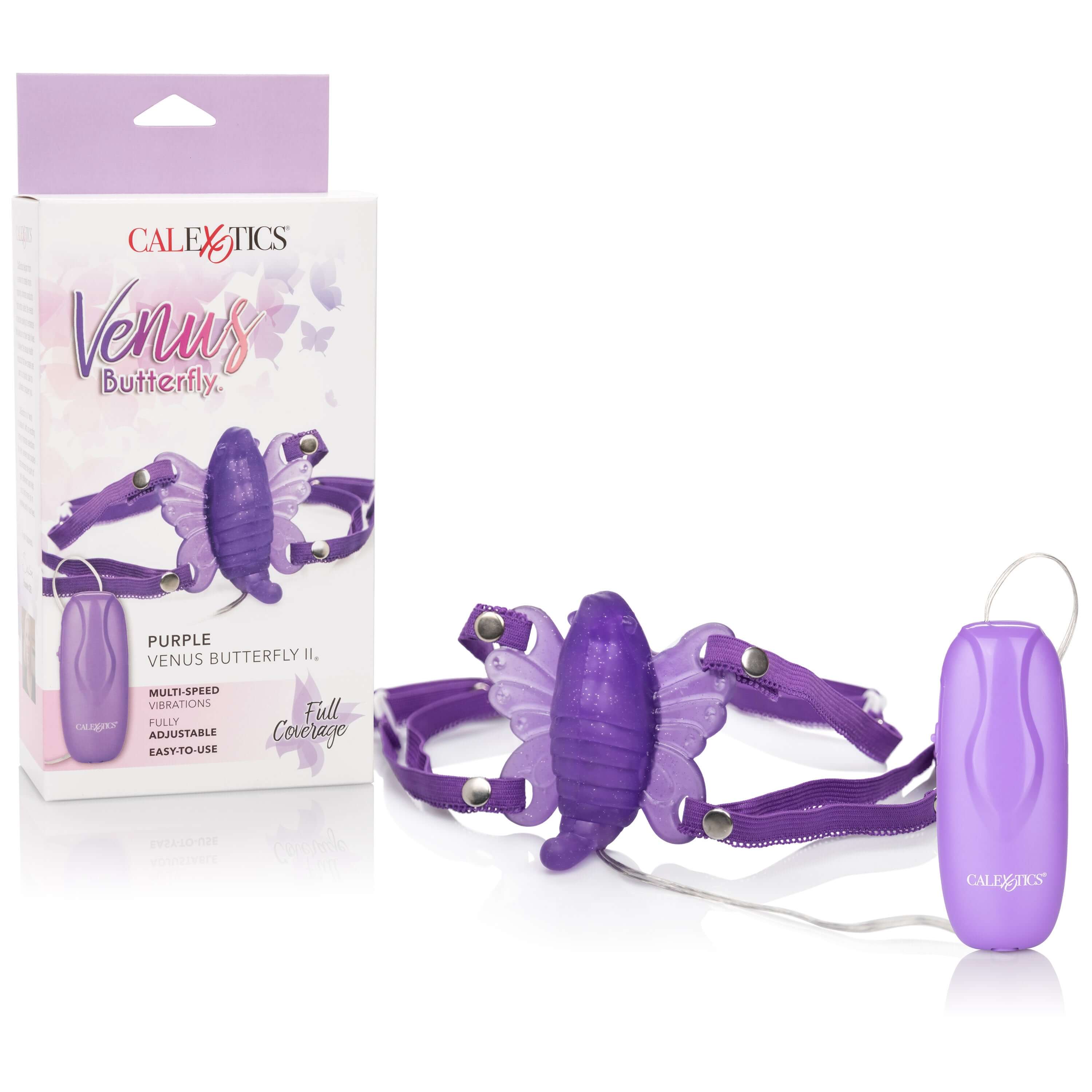 Venus Butterfly 2 Clitoral Massager Purple in packaging with removable stimulator for hands-free pleasure.