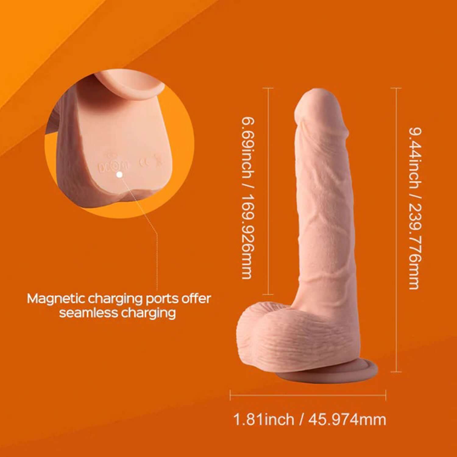 Kenzo-App controlled realistic dildo with textured veins and magnetic charging ports, dimensions shown for shaft and base on orange background