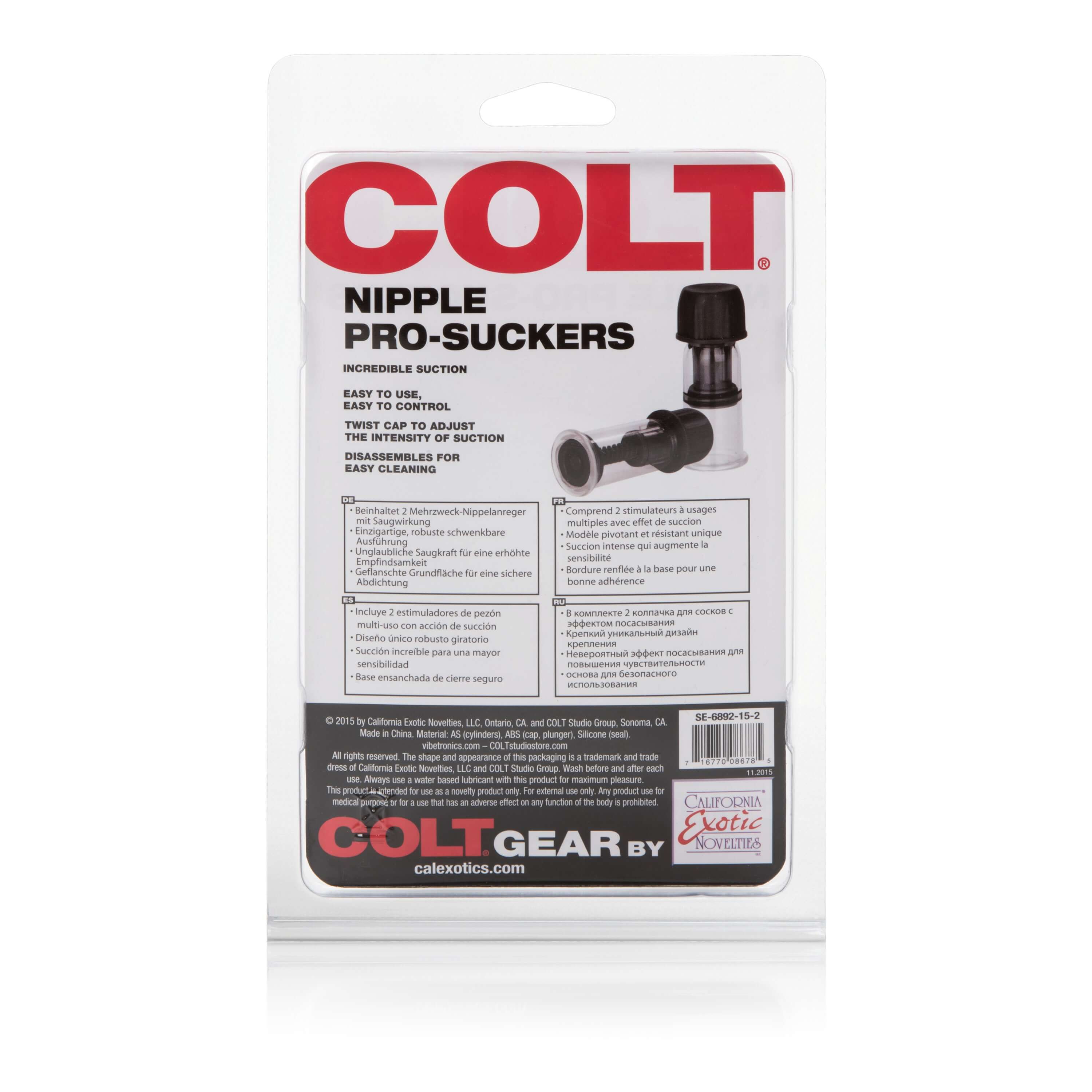 Colt Nipple Pro-Suckers Black packaging showcasing adjustable suction for enhanced sensitivity and intimate play.