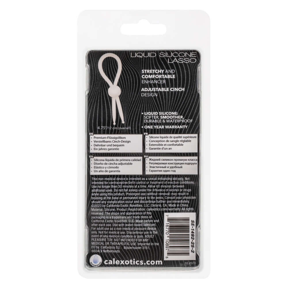 Packaging of Alpha Liquid Silicone Lasso with adjustable cinch design, detailing its features and one-year warranty by Calexotics