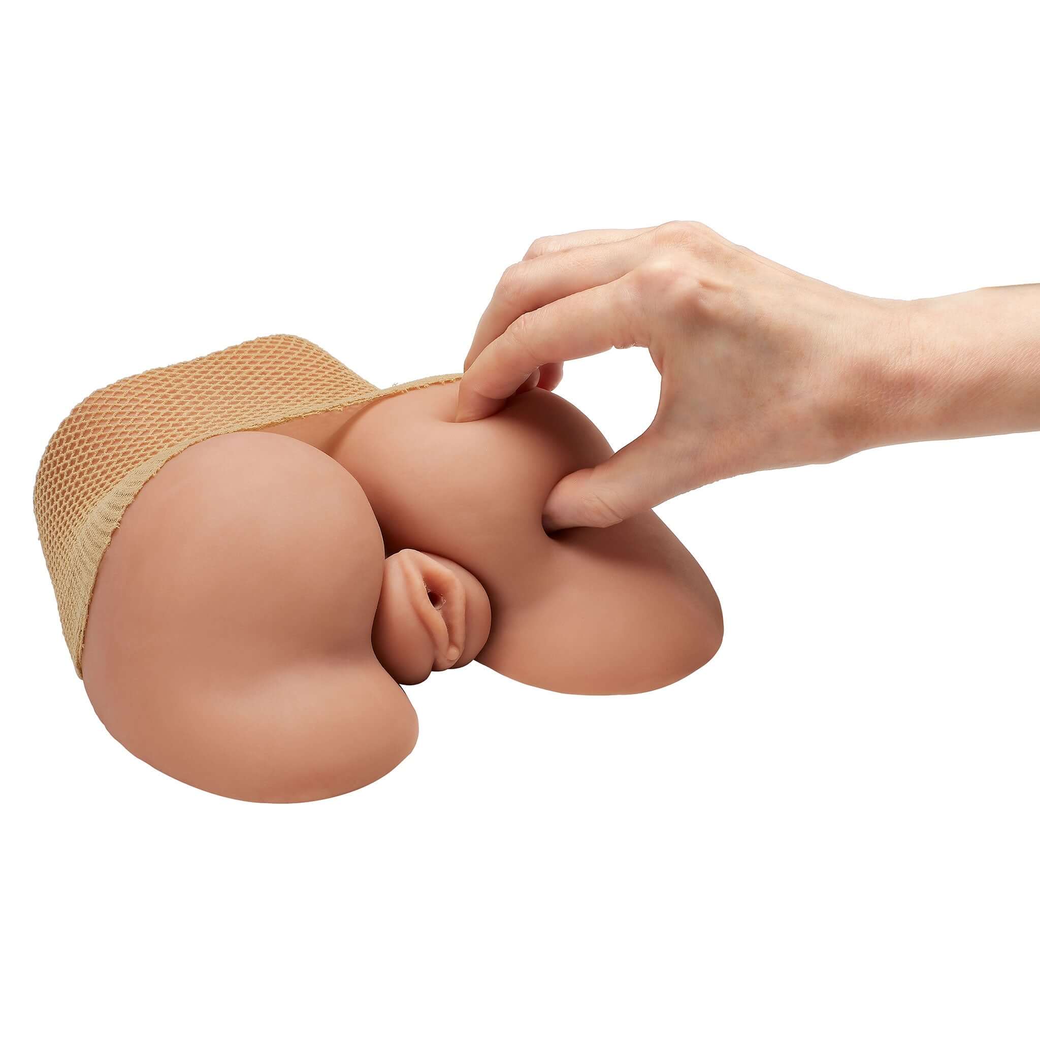 Realistic Body Mold Stroker Pussy & Ass Tan showcasing a hand interacting with the lifelike design.