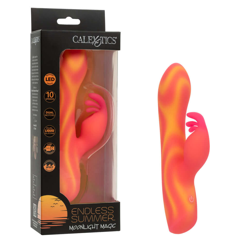 Endless Summer Moonlight Magic Vibrator Orange in packaging and showcasing its dual-motor design.