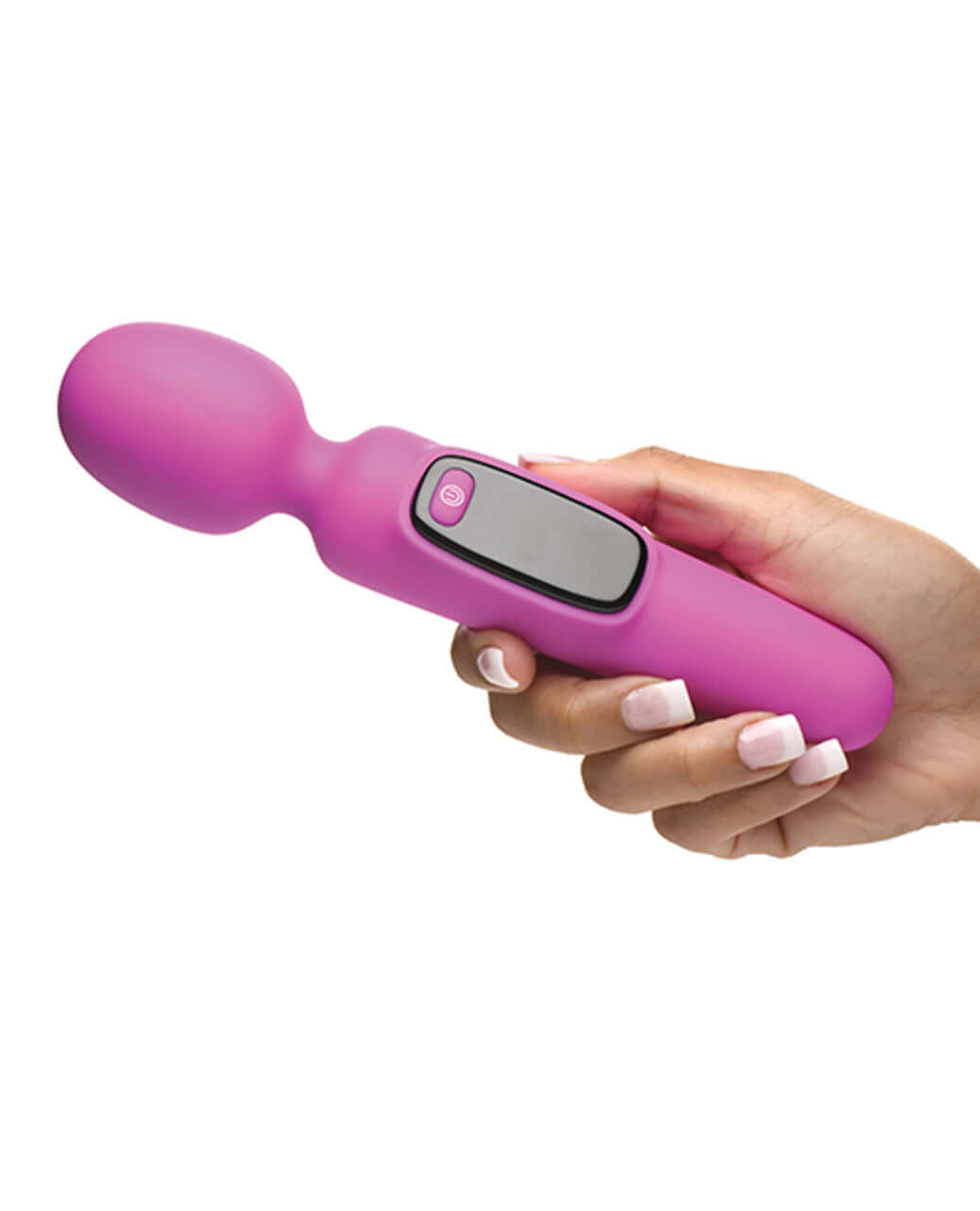Hand holding Bang Digital Silicone Wand - Purple with digital screen and multiple vibration settings for a relaxing massage experience.