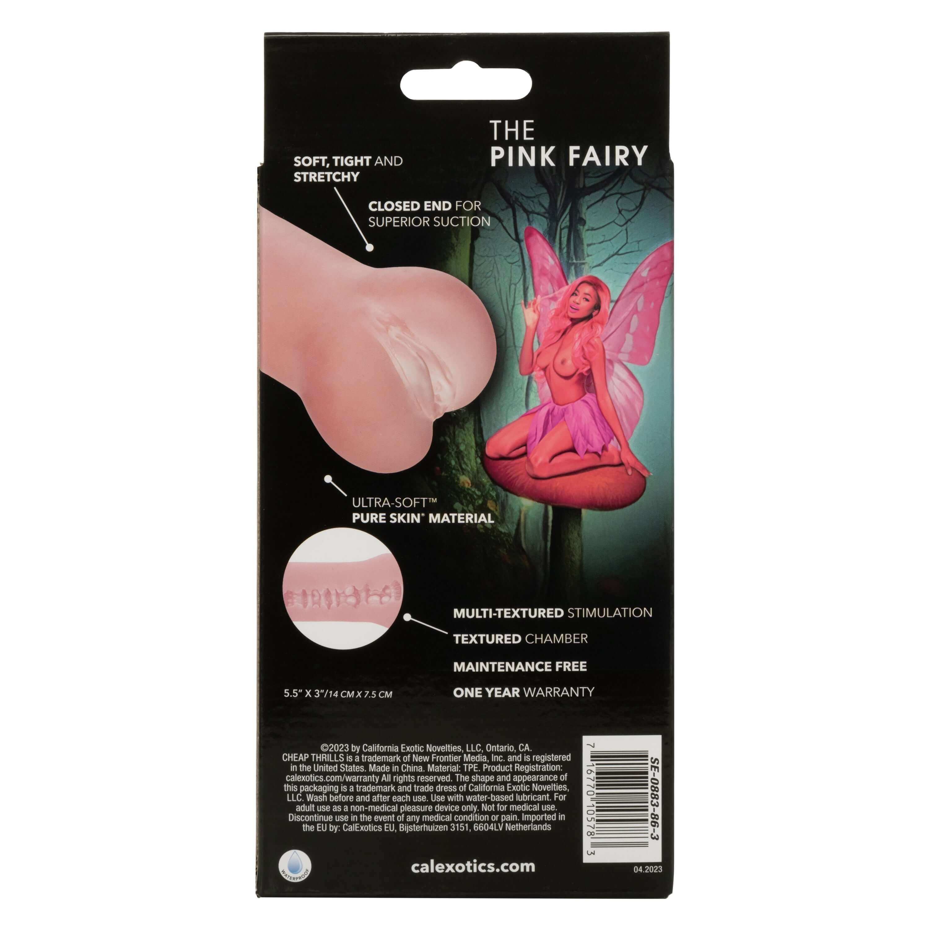 The Pink Fairy masturbator back packaging, showcasing ultra-soft material and textured chamber for enhanced pleasure.