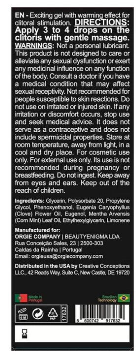 Orgie Orgasmic Drops Clitoral Arousal Serum 1 Oz directions and warnings for use on skin.