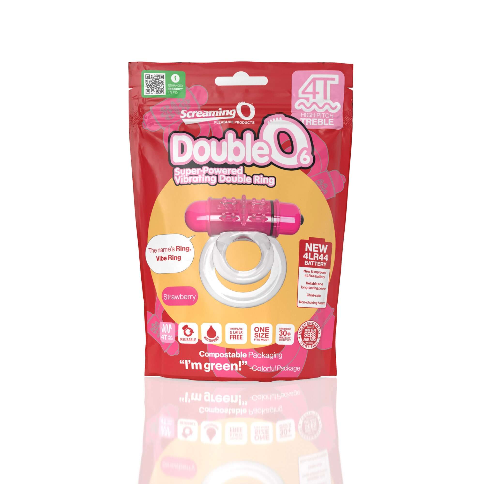 Screaming O 4T Double O 6 Super Powered Ring Strawberry packaging showcasing vibrant design and product features.