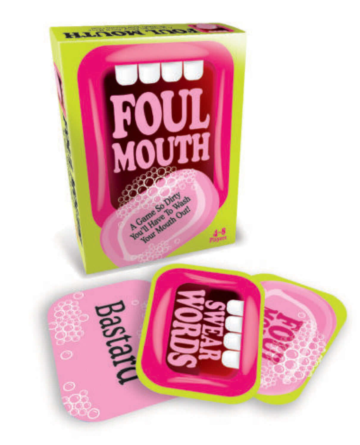 Foul Mouth Card Game box with swear word cards displayed, including one card labeled "Bastard."