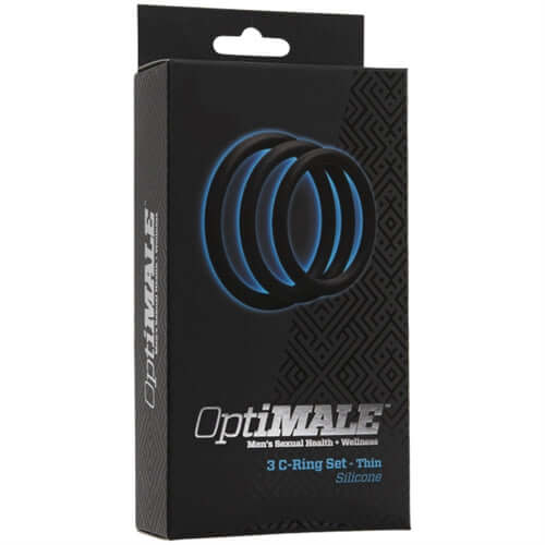 Optimale 3 C Ring Set Thin Black packaging showcasing three thin silicone cock rings for enhanced performance.