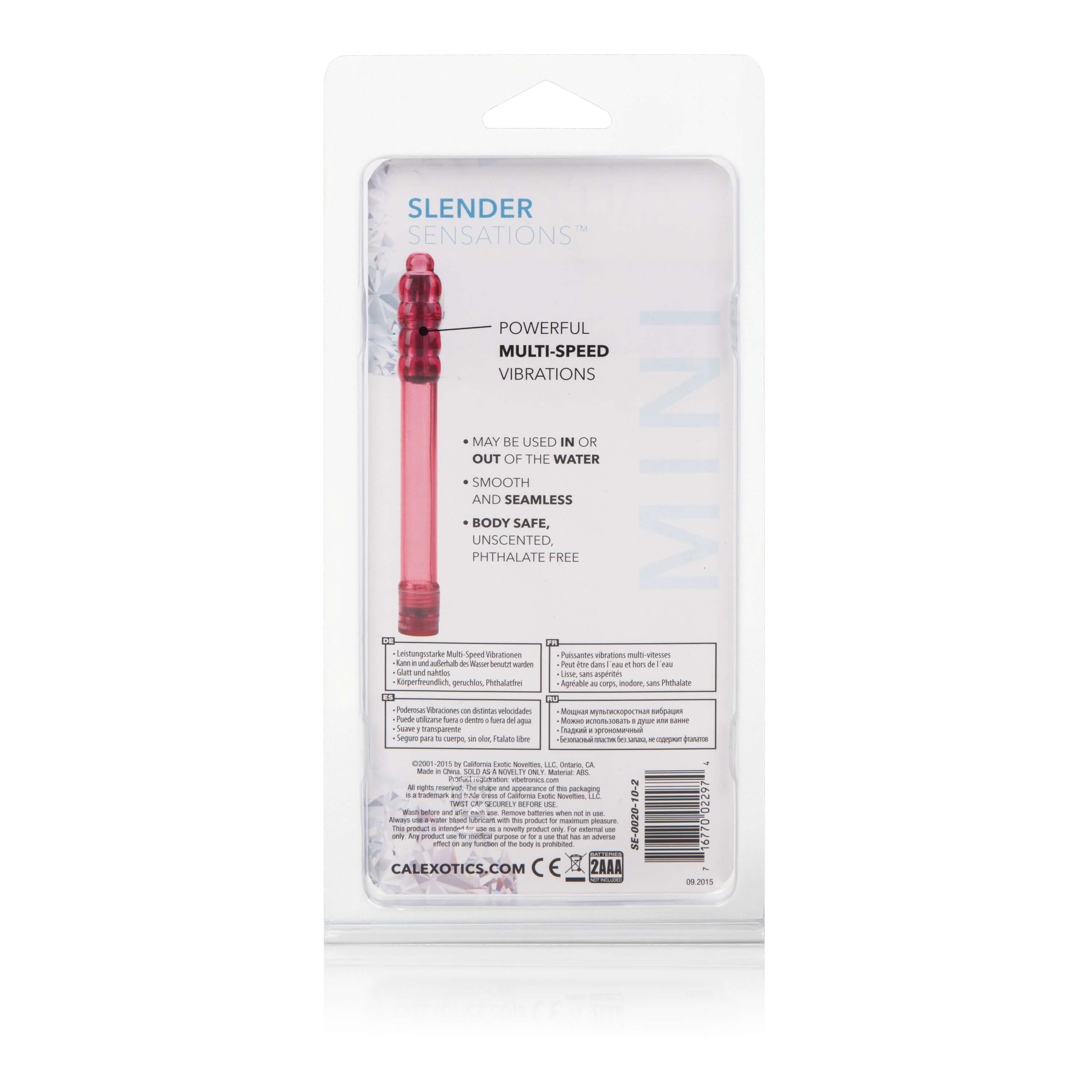Slender Sensations Mini Vibrator Red packaging showcasing powerful multi-speed vibrations and user-friendly features.