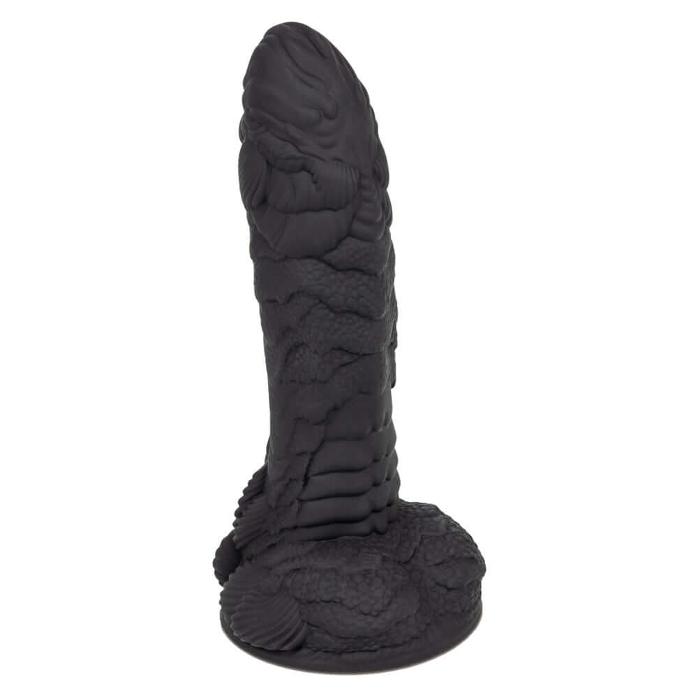 Monster Dong the Gill Man Dildo Black showcasing a detailed texture and premium liquid silicone material.