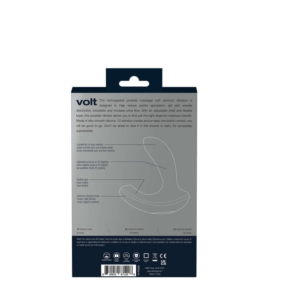 Rear packaging of Vedu Volt Rechargeable Dual Motor Prostate Massager showing product features and description.