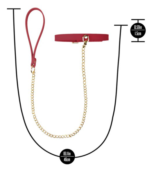 Temptasia Ardor Collar and Leash Red dimensions with leash length of 18.11 inches and collar width of 0.59 inches.