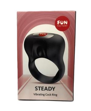 Fun Factory Steady Vibrating Cockring Black packaging showcasing its design and features.