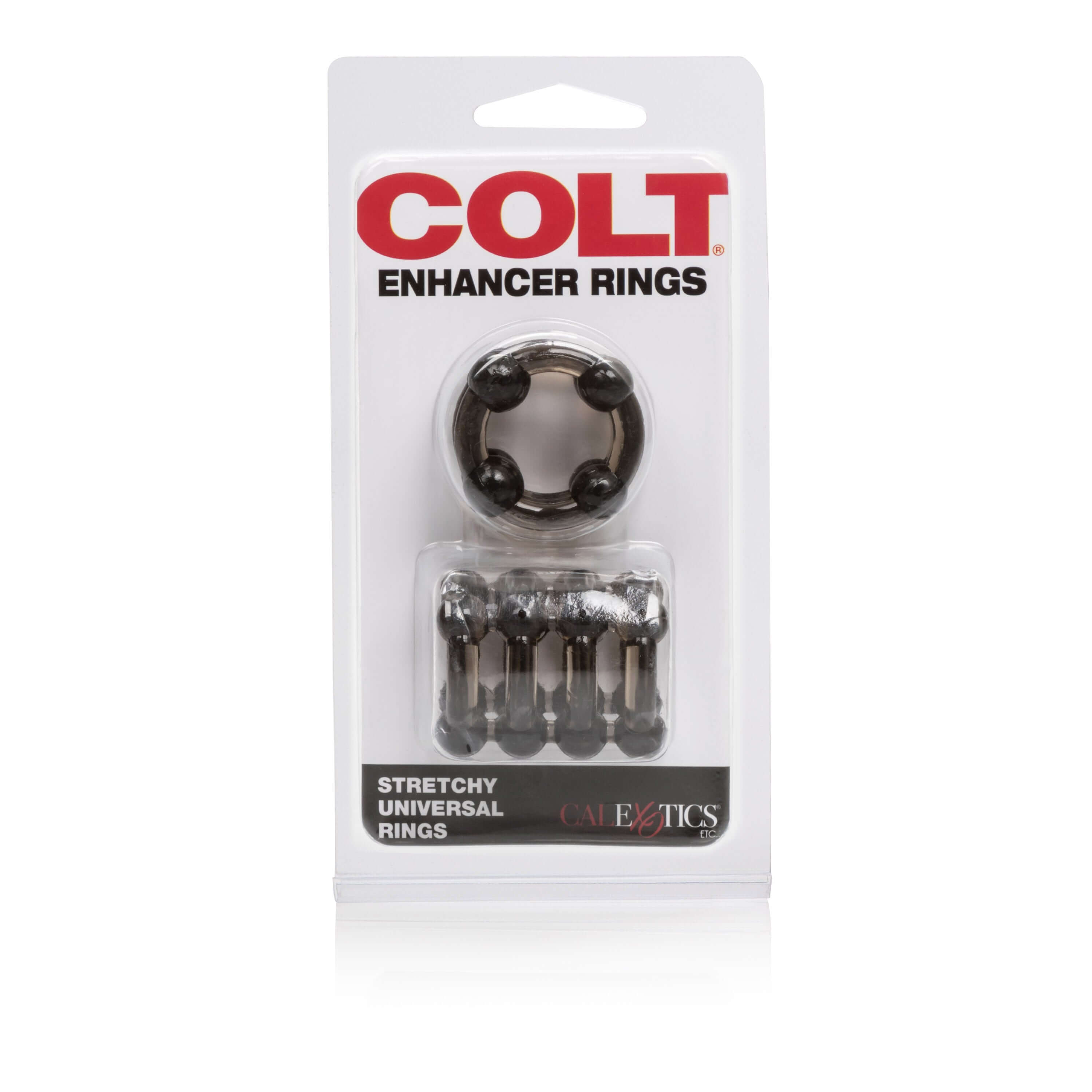 Colt Enhancer Penis Rings Smoke package showcasing stretchy universal rings for enhanced stamina and comfort.