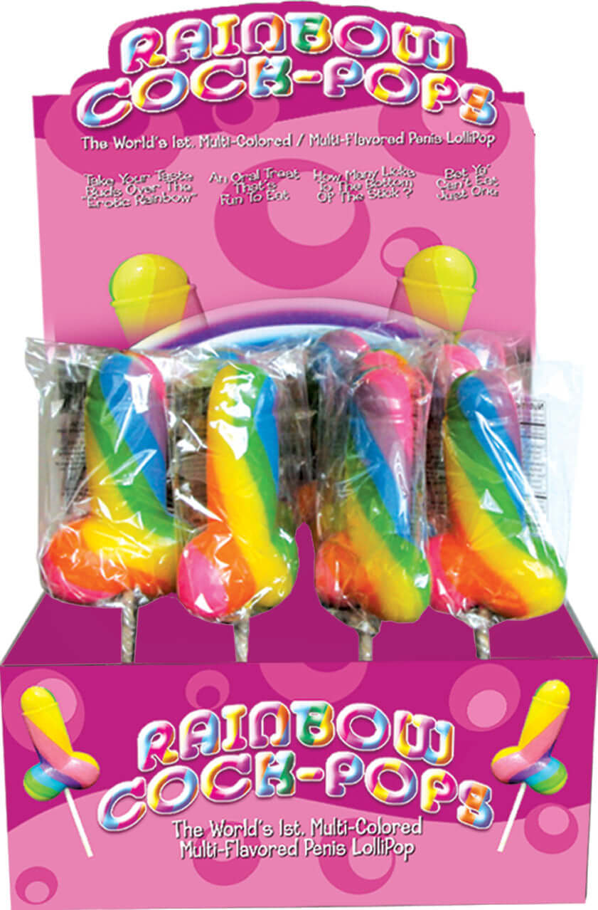 Display Rainbow Cock-Pop 12 Pieces novelty candy set featuring colorful lollipops in playful shapes for parties.
