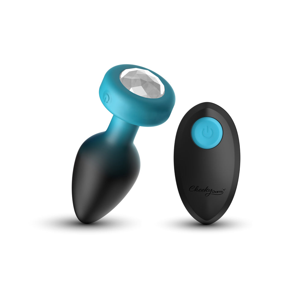 Cheeky Charms Eluxe Vibrating Anal Plug Medium alongside its remote control, showcasing luxurious design and powerful features.
