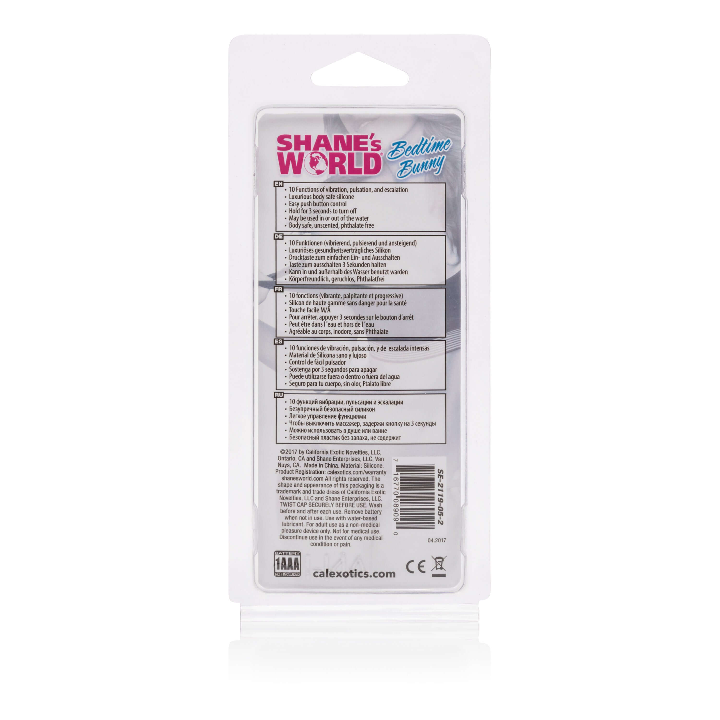 Back packaging of Shanes World Bedtime Bunny Vibrator Pink with product details and instructions.