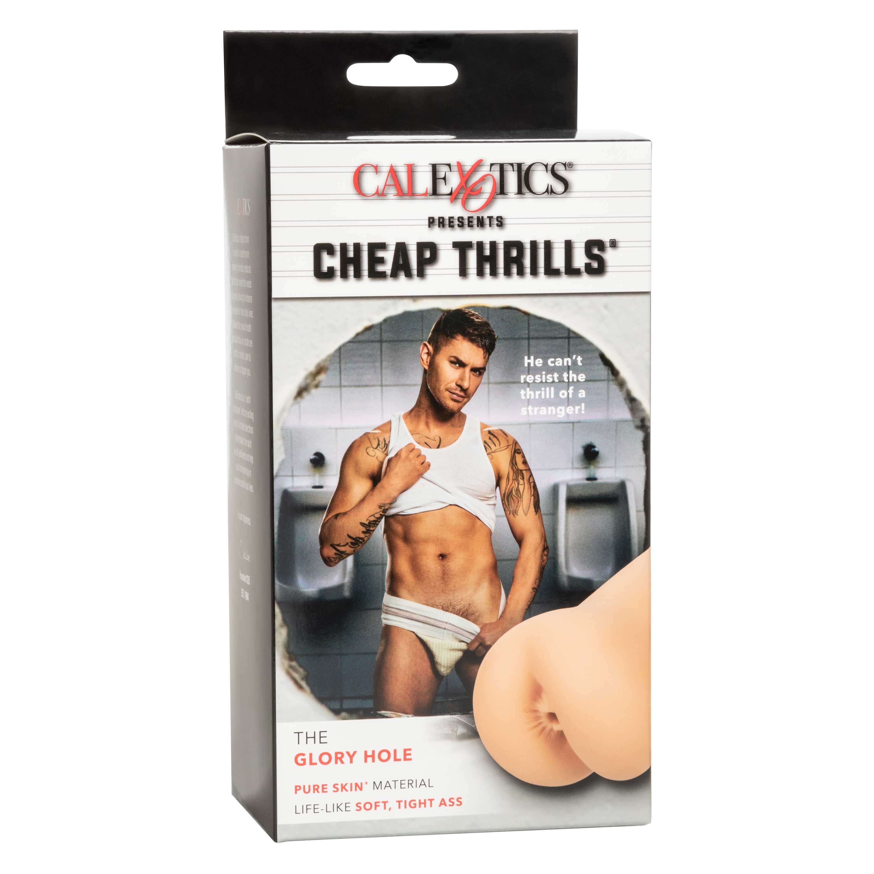 Cheap Thrills the Glory Hole Stroker packaging featuring a model and product details.