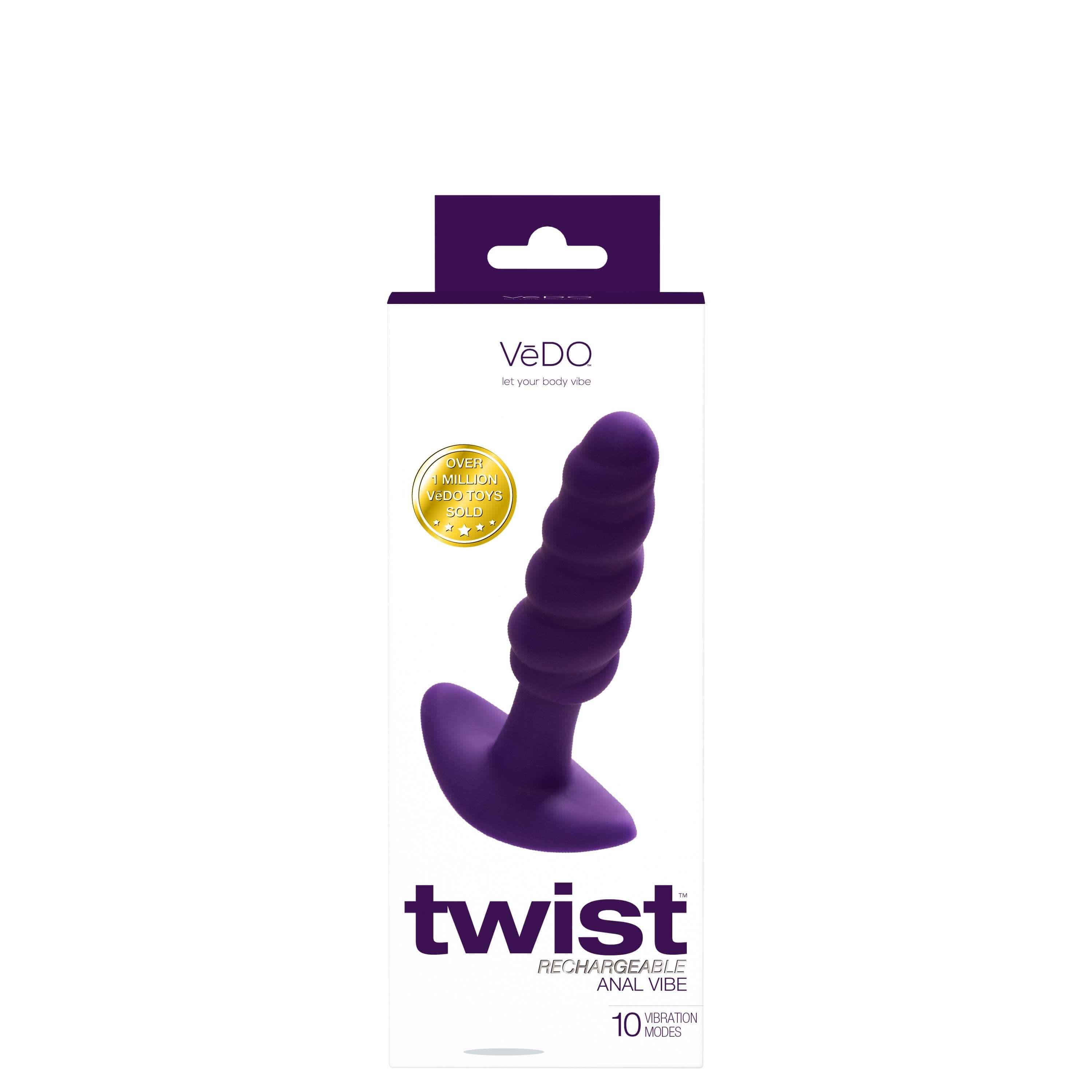 Vedo Twist Rechargeable Anal Vibe Deep Purple packaging showcasing its unique design and features for intense stimulation.