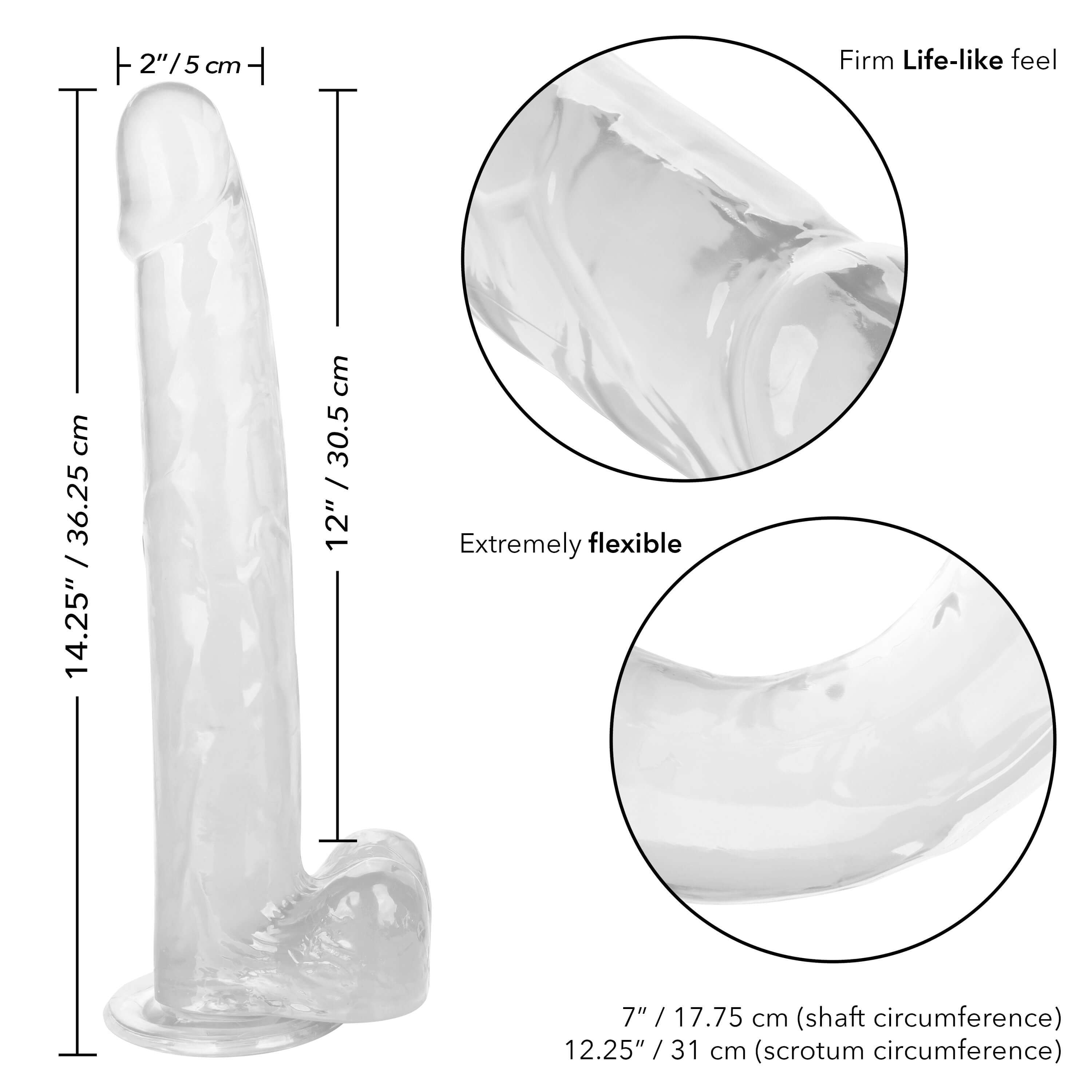 Size Queen 12 inch Large Dildo Clear with firm lifelike feel and extreme flexibility, measuring 14.25 inches in length.