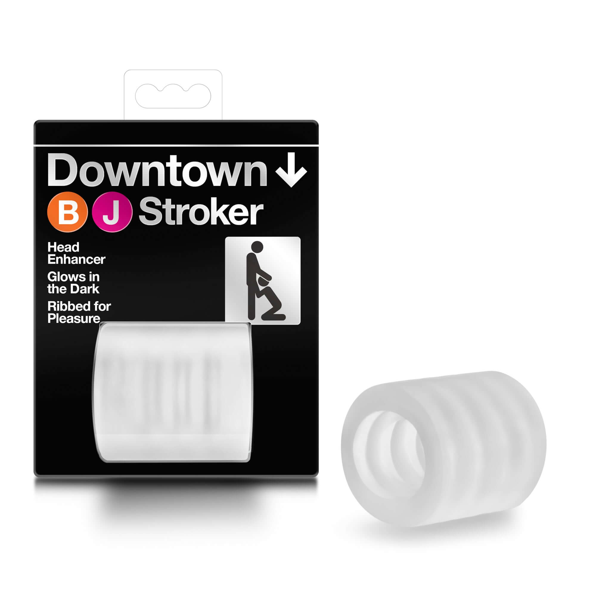 X5 Men Downtown Bj Stroker Clear packaging and product showcasing a glow-in-the-dark mini stroker for enhanced pleasure.