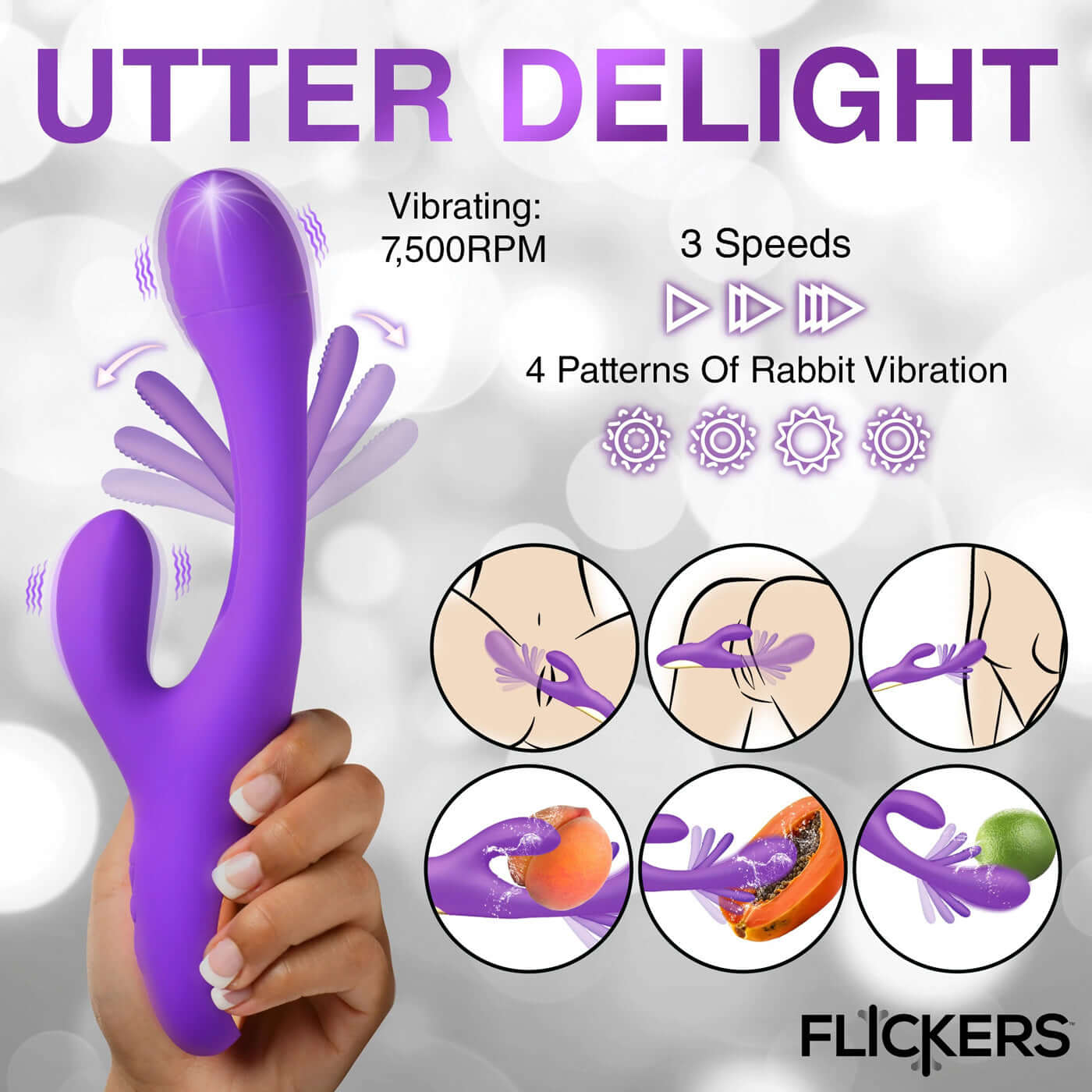 Tri-Flick Purple Silicone Rabbit Vibrator with 3 Speeds and 4 Vibration Patterns - Flickers Brand