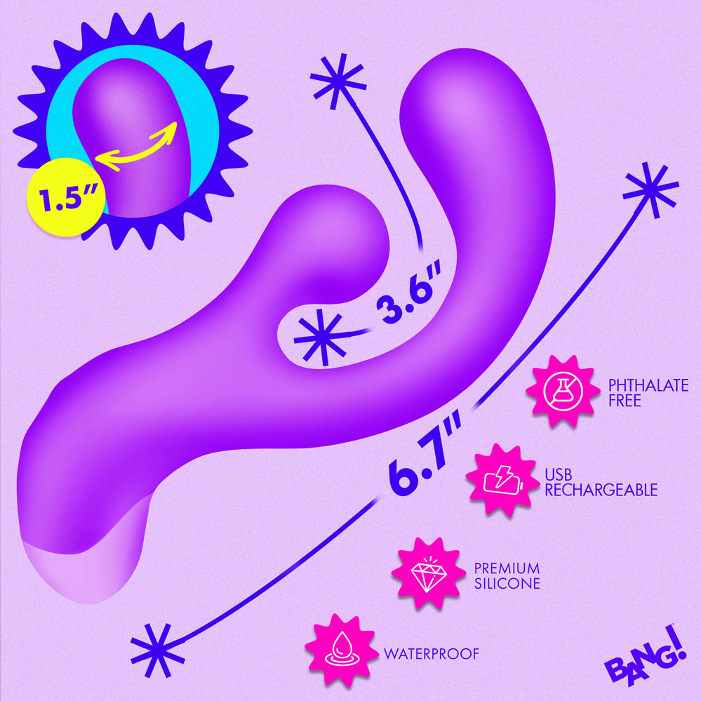 Bang Gyro Rabbit Silicone Vibrator Purple dimensions and features, including waterproof and USB rechargeable indicators.