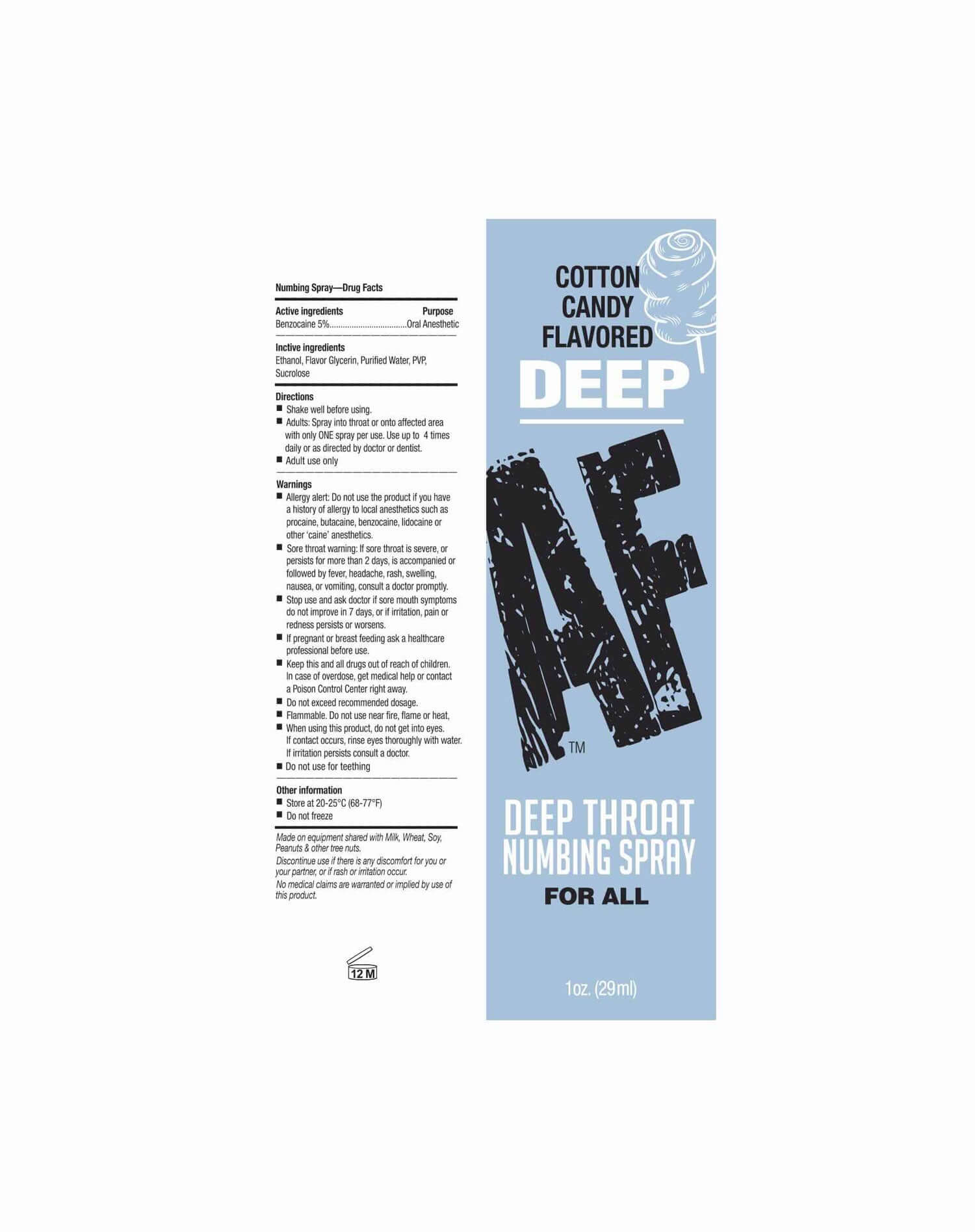 Deep Af Throat Numbing Spray Cotton Candy 1 Oz product label displaying cotton candy flavor and usage information.