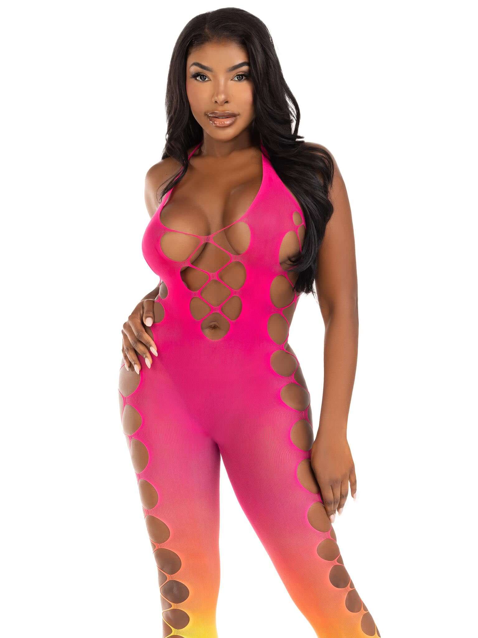 Leg Avenue Ombre Footless Bodystocking One Size Sunset showcasing a vibrant pink and orange gradient with faux lace-up details.