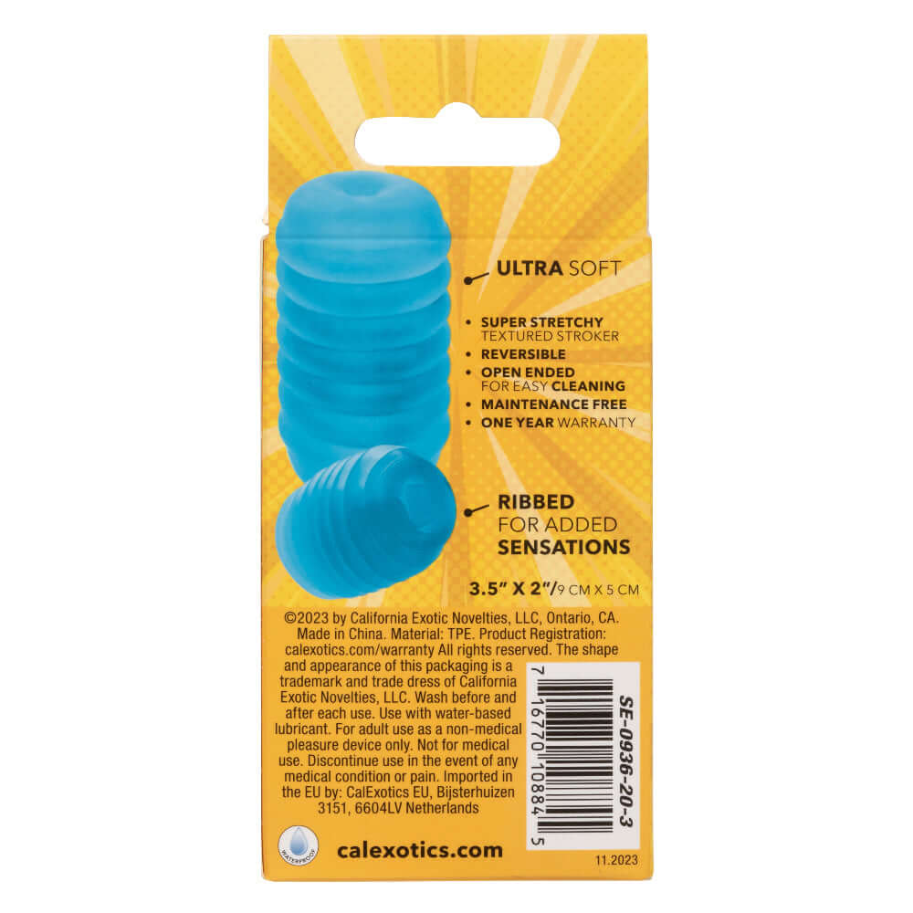 Packaging of Pop Sock Ribbed Masturbation Sleeve with product features highlighted, including ultra-soft, reversible, and ribbed for added sensations