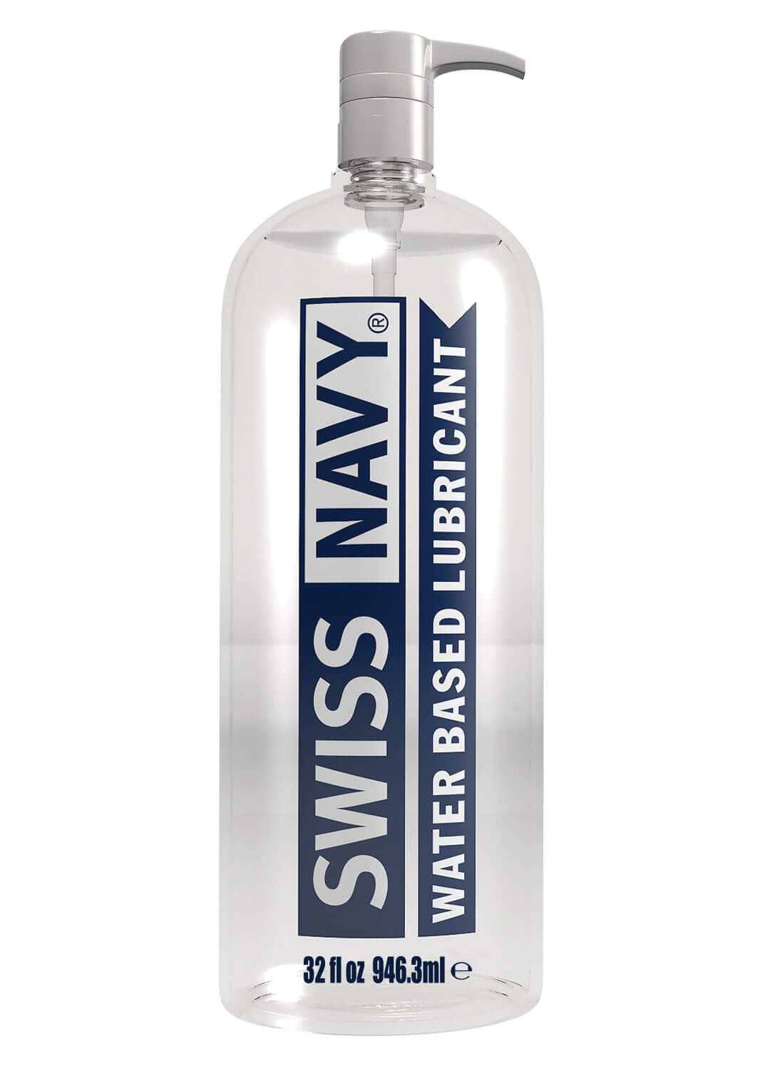 Swiss Navy Water Based Lubricant 32 Oz bottle with clear design and pump for easy dispensing.