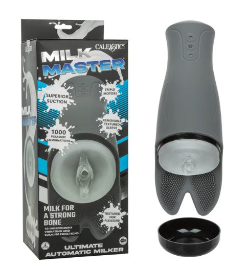 Milk Master Ultimate Automatic Milker Black with box showcasing features and design, highlighting its advanced suction and triple motors.