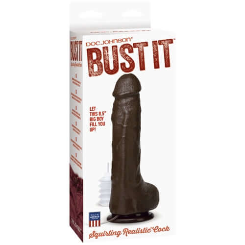 Bust It Squirting Realistic Cock Black package showcasing the lifelike 8.5-inch design for bold realism.