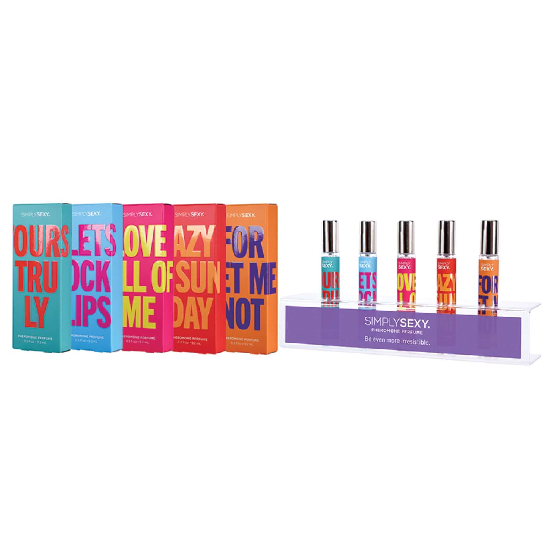 Simply Sexy Acrylic Cube Display with 36 tester bottles of pheromone amplifying fragrances in colorful packaging.