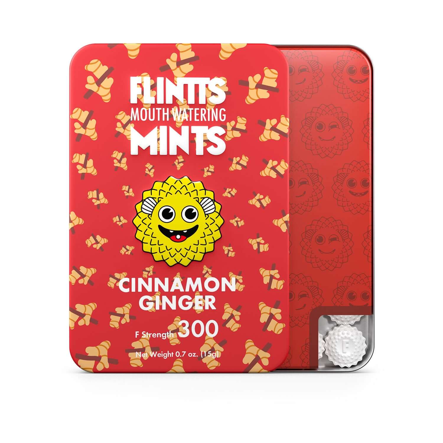 Flintts Mouth Watering Mints Cinnamon Ginger F-Strength 300 mint tin with colorful design and bold flavors.