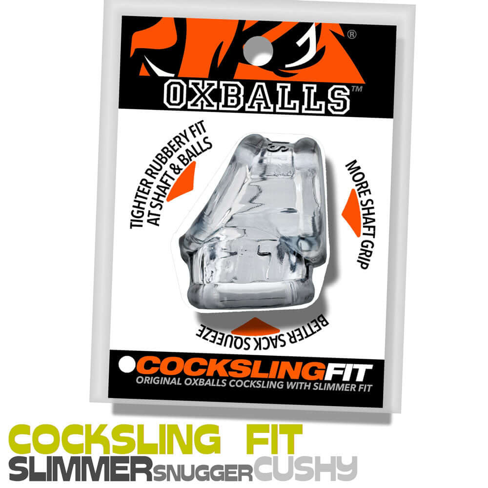 Oxballs Cocksling Fit Sling Clear packaging showcasing the ergonomic design for better grip and comfort.