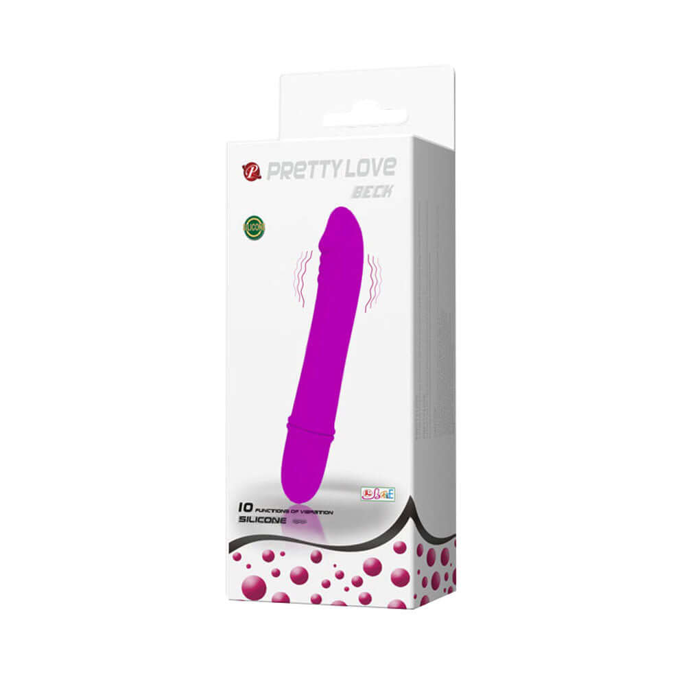 Pretty Love Vibrator Beck packaging showcasing a luxury silicone G-spot vibrator in vibrant pink color.