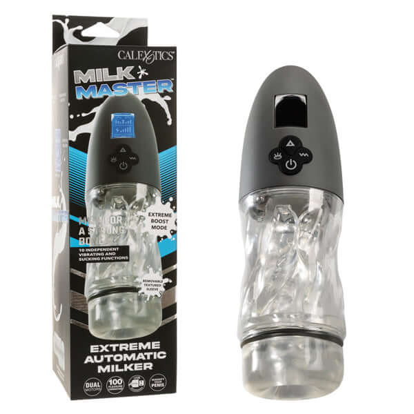 Milk Master Extreme Automatic Milker Black in packaging, showcasing dual independent motors and customizable features.