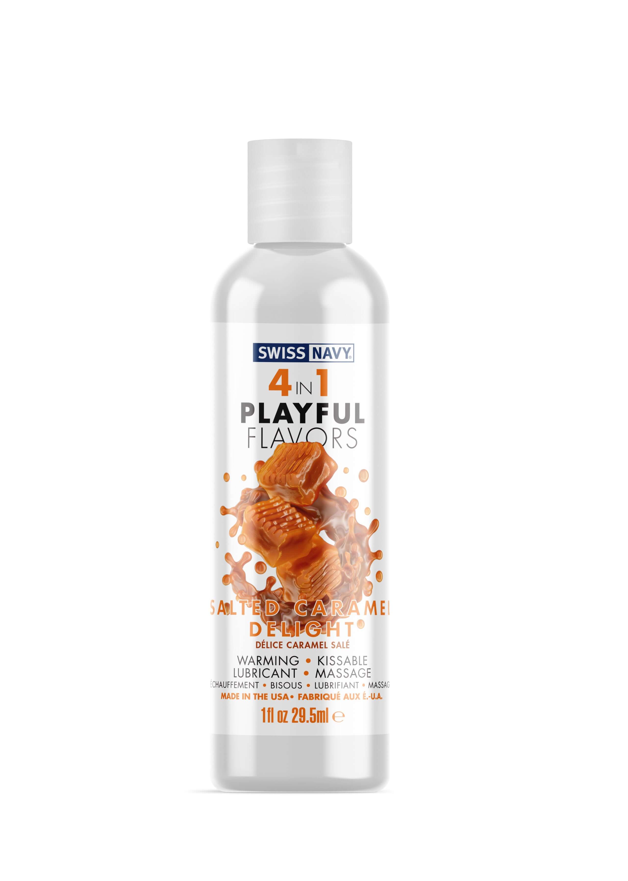 Swiss Navy 4 in 1 Playful Flavors Salted Caramel Delight 1 Oz bottle with sweet and salty flavors, perfect for intimate moments.