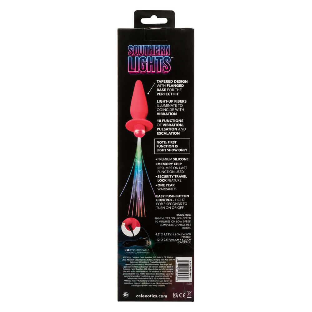 Southern Lights Vibrating Light Up Anal Probe in pink packaging with product features and description