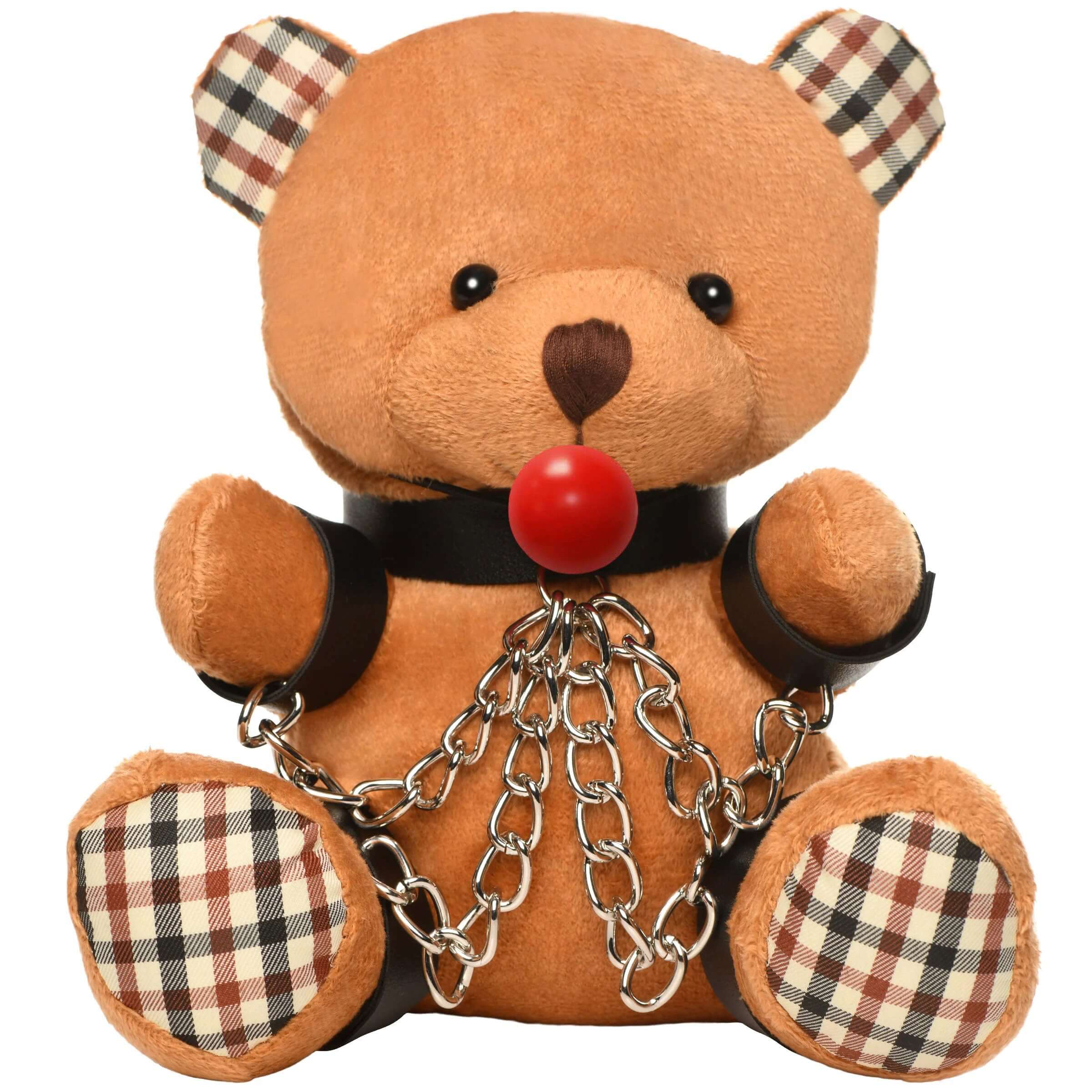 Gagged Teddy Bear Plush with a red gag ball and chains, perfect for a playful gag gift or themed collection.