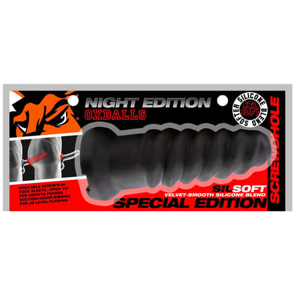 Oxballs Screwdhole Masturbator Night Edition in black silicone blend, designed for enhanced pleasure and a snug fit.