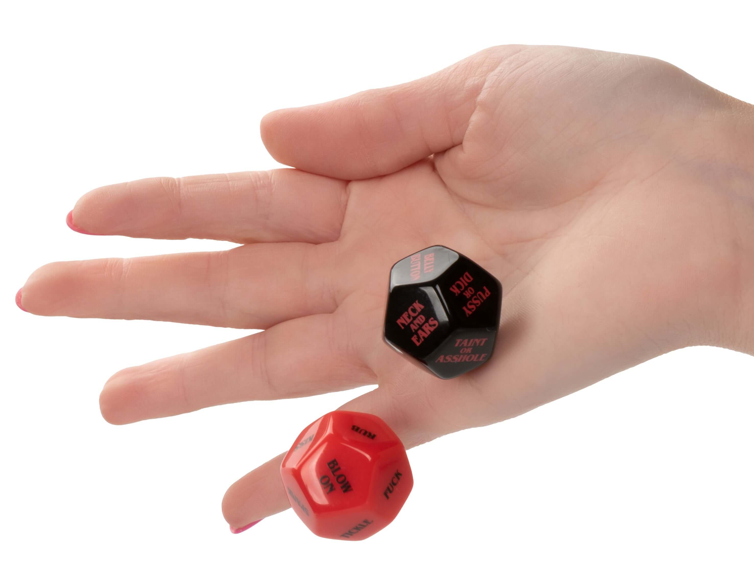 Naughty Bits Roll Play Naughty Dice Set in a hand, showcasing playful seductive dice for couples' intimacy.
