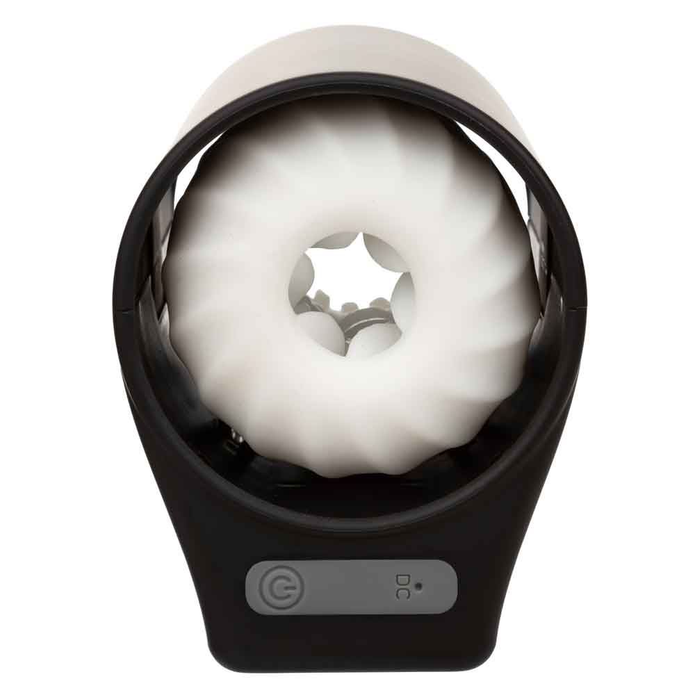 Optimum Power Thruster Stroker Black showing its ergonomic design and thrusting mechanism for enhanced pleasure.