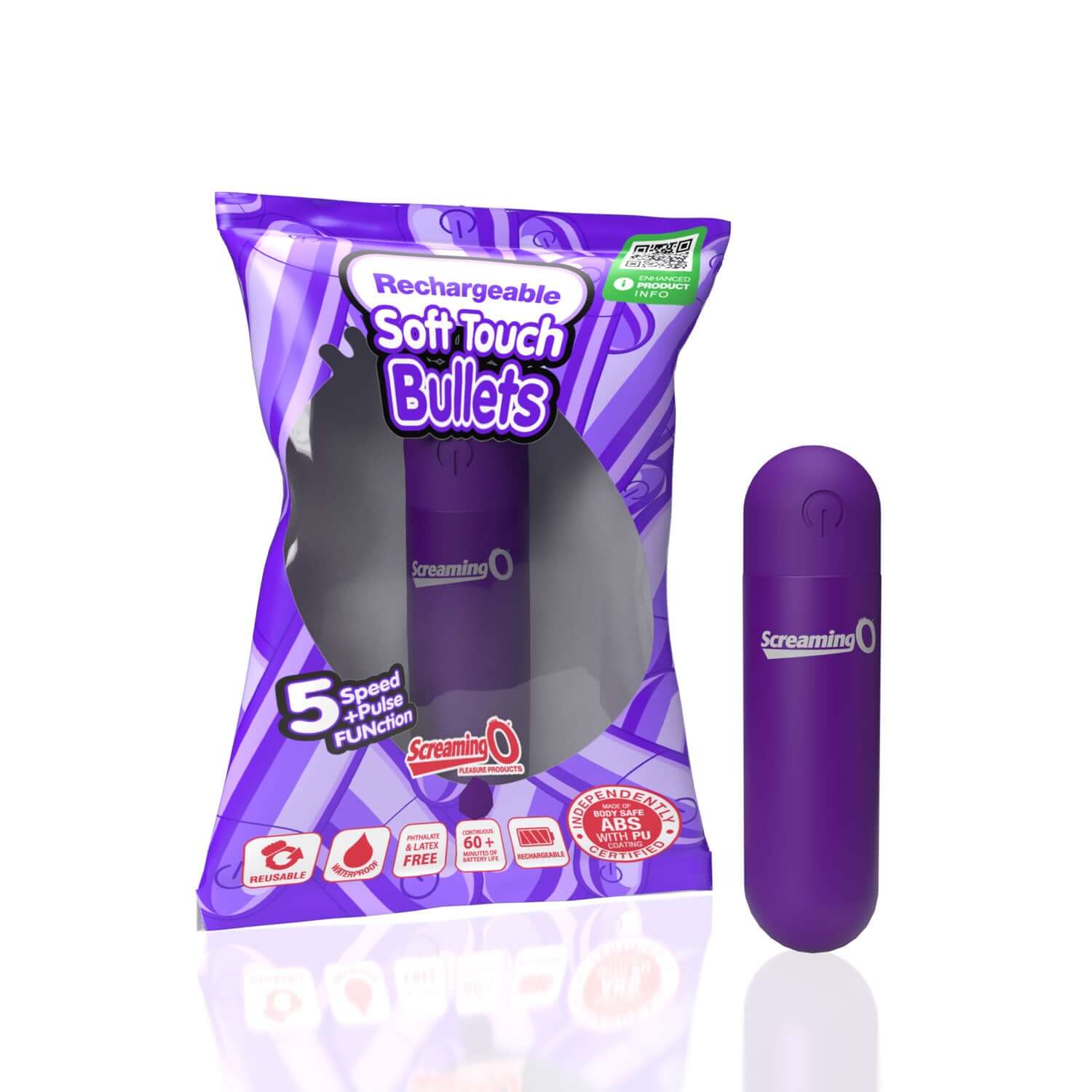 Purple Screaming O Soft Touch Rechargeable Bullet with packaging, featuring five speeds and pulse function for customizable pleasure.