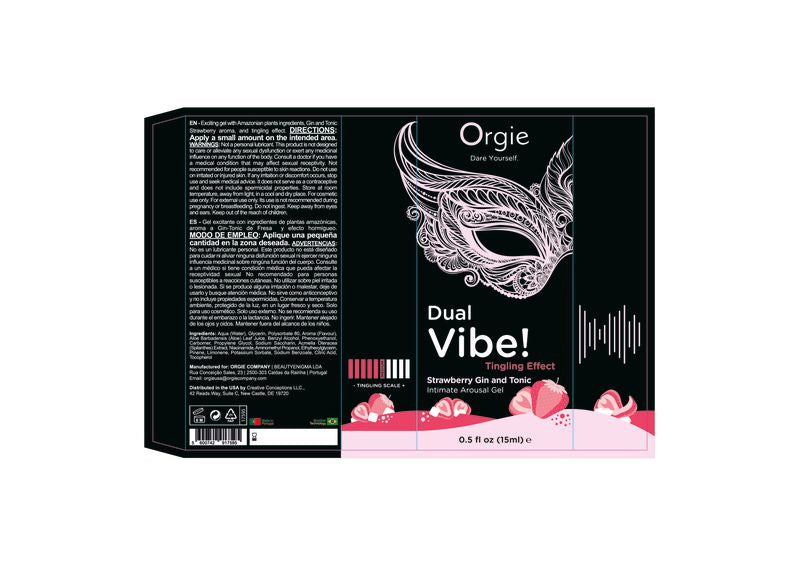 Orgie Dual Vibe Gin & Tonic Strawberry Kissable Liquid Vibrator 15 ml packaging with detailed instructions.