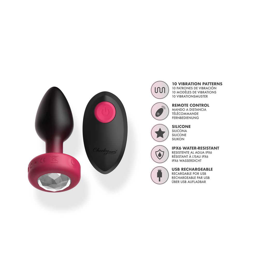 Cheeky Charms Eluxe Vibrating Anal Plug Small Ruby with remote and features listed on the side.