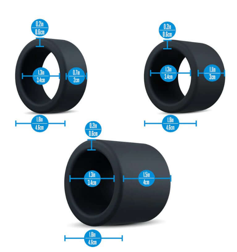 Performance Plus Accelerate Cock Ring Set Black dimensions showing three sizes and measurements.