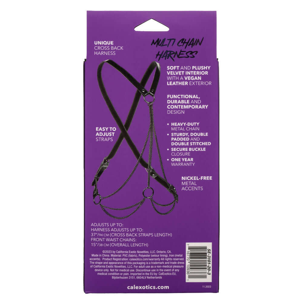 Packaging of Euphoria Collection Multi Chain Harness in black showing cross back design, heavy-duty chains, and vegan leather exterior.