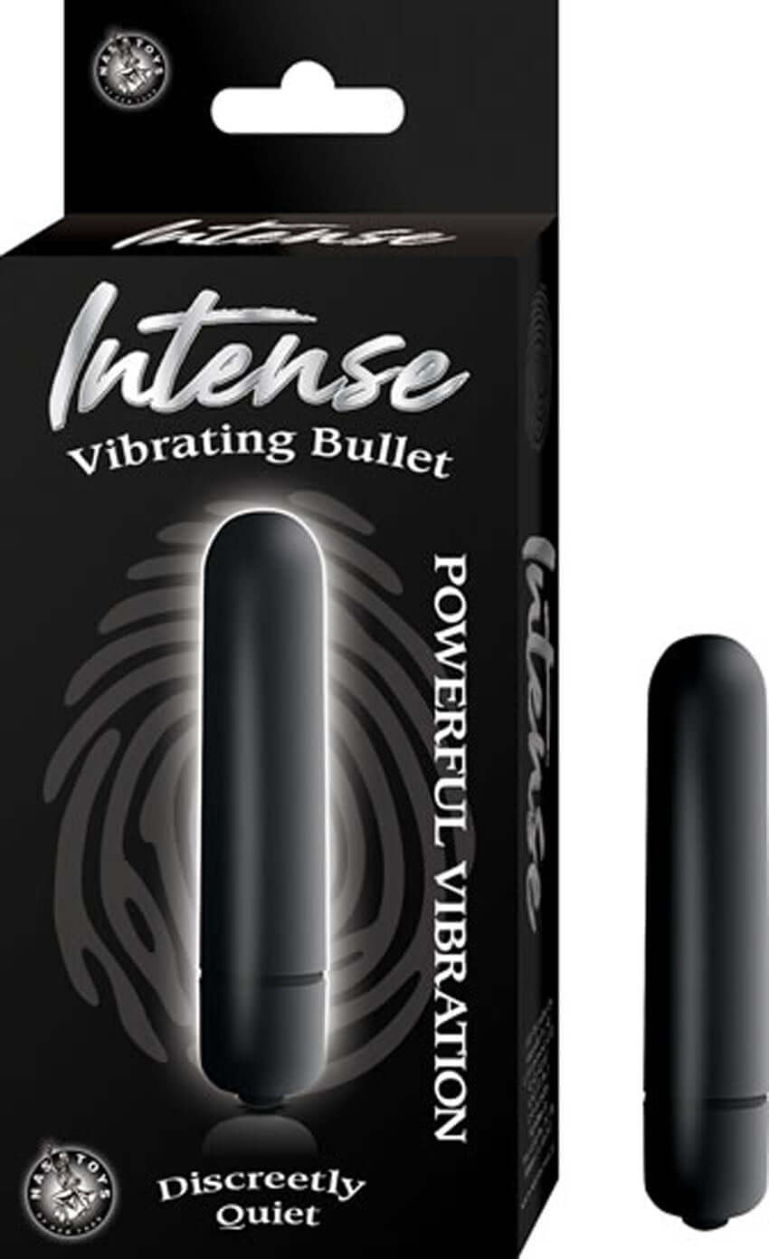 Intense Vibrating Bullet Vibrator Black in packaging showcasing discreet and quiet powerful vibration features.